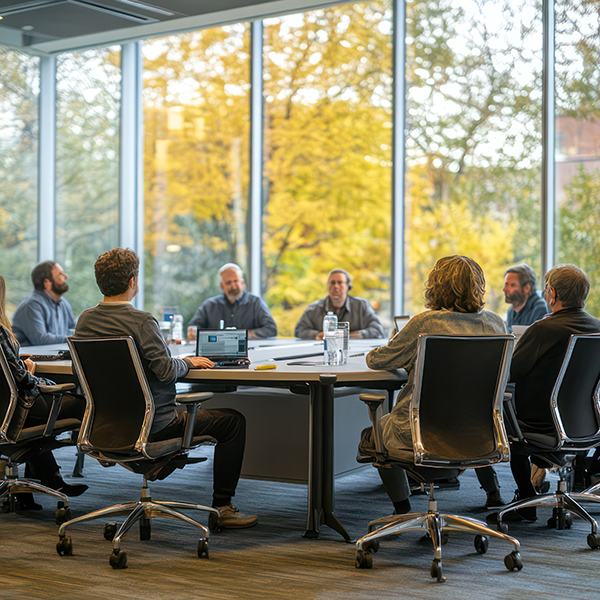 people meeting in a conference room with windows all around